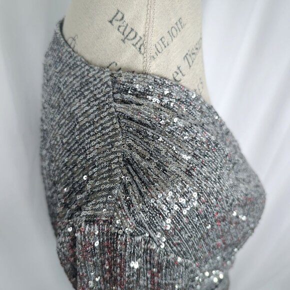 Halston Silver Sequin Dress 6 Small Wrap Midi - Picture 8 of 15